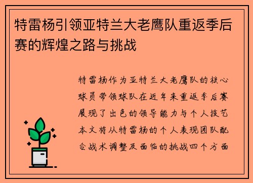 特雷杨引领亚特兰大老鹰队重返季后赛的辉煌之路与挑战